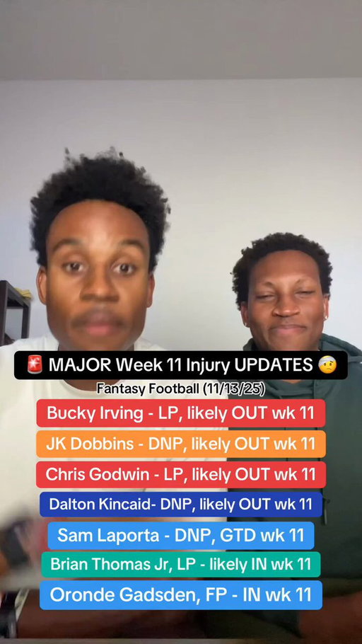 WEEK 11 INJURY UPDATES after Thursday practices. The SimmBros give you the scoop on all the MAJOR players dealing with injuries this week. Bucky Irving, Chris Godwin, JK Dobbins, Dalton Kincaid, Sam Laporta, Brian Thomas Jr., and Oronde Gadsden. Any other players were missing 