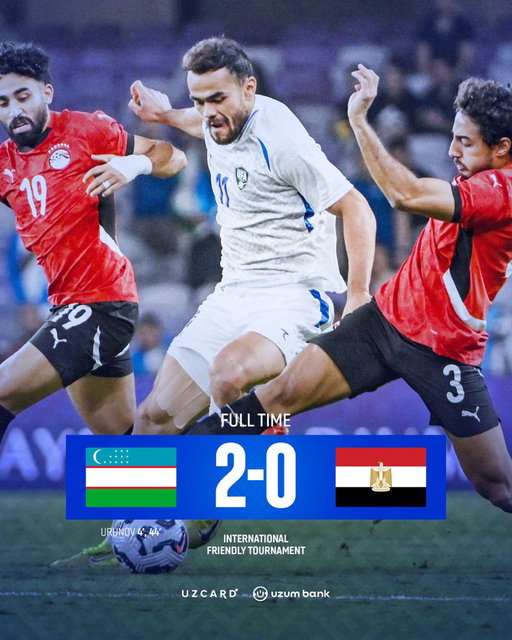 #Fulltime #MilliyJamoa

🇺🇿 Uzbekistan 2:0 Egypt 🇪🇬

Gollar: Oston Urunov 4', 44' 