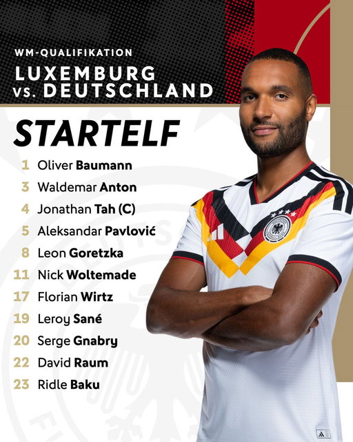 Unsere erste 11 heute! 🔥

🕛️ 20:45 Uhr 📺️ RTL

#dfbteam #luxger
📷️ DFB/Thomas Böcker 