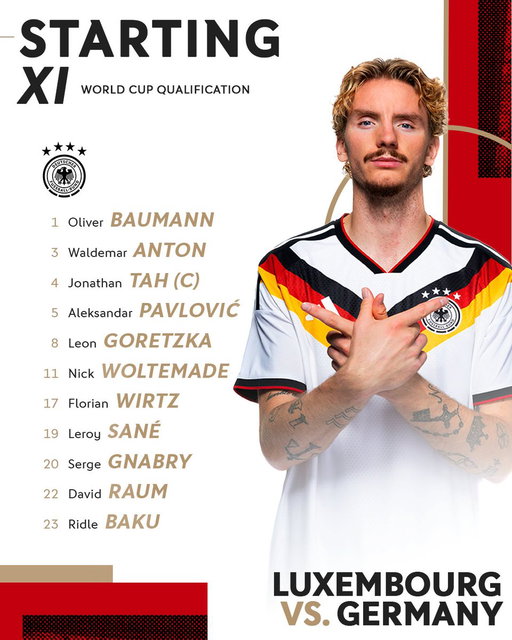 Let's do this! Our Starting XI to face Luxembourg 👊

📸 Philipp Reinhard/DFB 

#DFB #GermanFootball #GermanMNT 