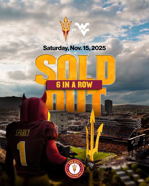 THE HOMECOMING GAME IS OFFICIALLY SOLD OUT 😈

Still looking to get tickets? Check out Ticketmaster, the official marketplace of Sun Devil Athletics, for last-minute tickets: https://ow.ly/jOw150XrXKp 
