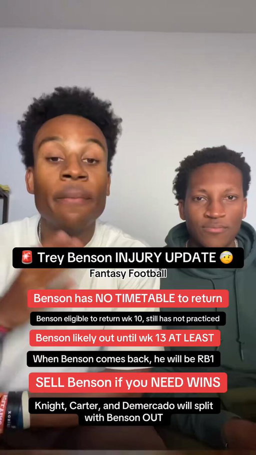 DEVELOPING: Arizon Cardinals RB Trey Benson still has NO TIMETABLE to return after suffering a knee injury and being placed on IR. Benson was eligible to return from IR week 10, but he still has not had his 21 day practice window opened yet. We expect that window to be opened 