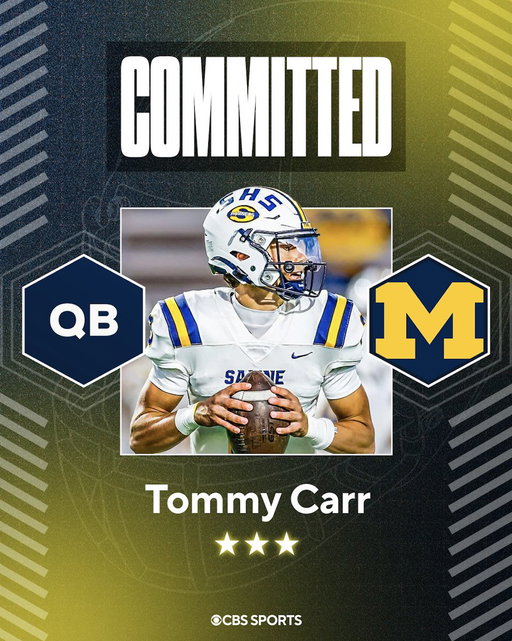 BREAKING: Class of 2026 QB Tommy Carr has committed to @UMichFootball.

@Coach_SMoore and @ChipLindsey11 got it done.

The Wolverines’ legacy is staying home.

"I've been a Michigan fan all my life.”

VIP In-Depth Story: https://t.co/UofEW0bTvk

@247Sports / @TommyCarr03
