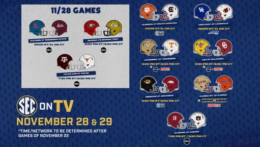 📺 #SECFB on TV: Thanksgiving Weekend

Updates: http://secsports.social/fbtv1117