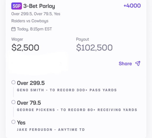 $2.5k to win $100,000 

This parlay is under 25-1 everywhere but we sniped 40-1 

1. Pickett 80+ receiving 
2. Ferguson anytime td
3. Geno to torch cowgirls for 300

Run this post up and I’ll do giveaways when it smacks 