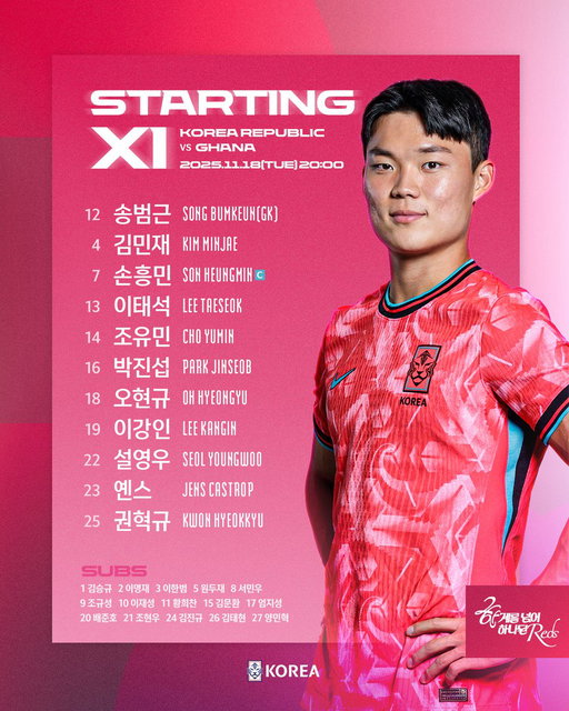 한계를 넘어 하나된 𝐑𝐞𝐝𝐬✨
11월 A매치 가나전에 출전하는 🇰🇷축구국가대표팀의 선발명단을 공개합니다!

✔하나은행 초청 대한민국 축구국가대표팀 친선경기
🇰🇷v🇬🇭#가나 11.18(화) 20:00
🏟서울월드컵경기장
📺TV조선, 쿠팡플레이, tvN

#대한민국 #축구국가대표팀 #친선경기 