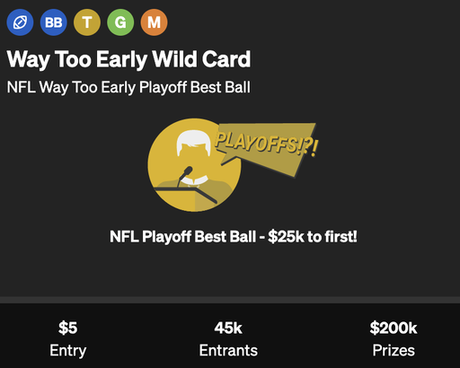 Way Too Early Wild Card is LIVE 🏈

$5 to Enter
$200k in Prizes
$25k to 1st Place 