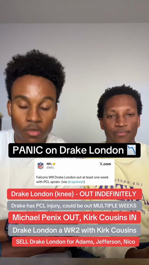 Is is time to PANIC on Drake London after his knee injury and Michael Penix Jr. being out for the season? The SimmBros say absolutely. Without Penix, and with Kirk Cousins at QB, Drake London becomes an extremely pedestrian WR2. Not at all like his WR1 self with Penix. Plus, 