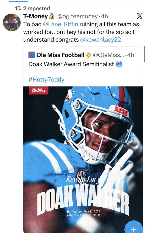 Interesting RT from Ole Miss RB Kewan Lacy. 