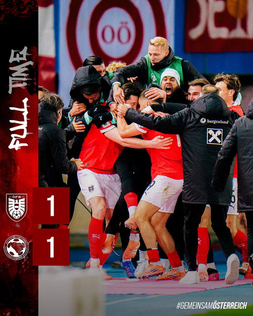 WIR FAHREN ZUR WM OIDA!!!!!! ❤️‍🔥❤️‍🔥❤️‍🔥
__________
FT | 🇦🇹 1:1 🇧🇦 | #GemeinsamÖSTERREICH #AUTBIH 