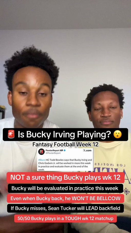 Is Bucky Irving playing in week 12? The SimmBros give you the latest on a CRAZY situation in Tampa Bay. Right now, Head Coach Todd Bowles won’t even committ to Bucky coming back this week, which is deeply concerning for people who expected him to be back. Bucky will practice 