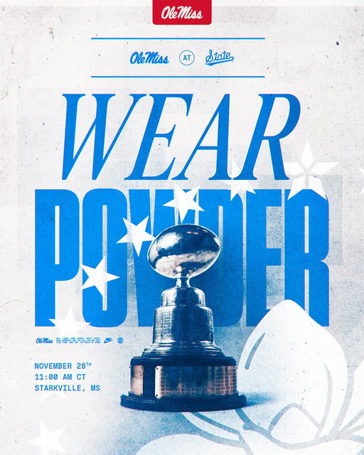 🚨 FAN COLOR CHANGE 🚨

Egg Bowl Week is almost here.

Rebel fans, WEAR POWDER and help us take over Starkville as we chase win No. 11.

GET TIX NOW 🔗: https://rebs.us/4oLcZol

#HottyToddy 
