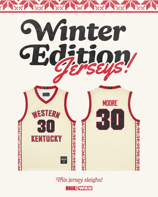 Some say these jerseys… SLEIGH 🎅🏀

Featuring the WKU NIL Store’s Winter Edition Jersey’s! 

These limited-edition NIL jerseys fashion a holiday pattern down the sides with “Eggnog Cream” color way. 

Shop now: https://t.co/CzGcwIPiK5 