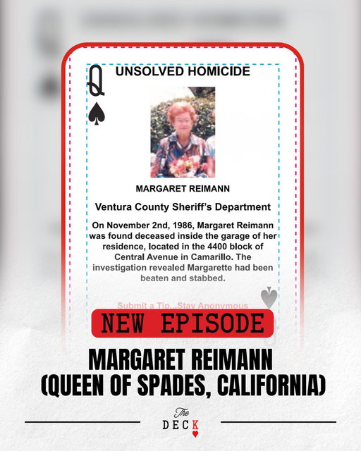 When 73-year-old Margaret Reimann was murdered in her garage while getting ready to leave for church in 1986, everyone immediately started pointing fingers at one particular relative.  

In the investigation that followed, detectives uncovered a decades-long family feud, grudges that had been festering for years, and questions about just how far someone might go when there’s money on the line.

Almost four decades later, new DNA testing pointed them in a completely different direction.  

Listen to Margaret's story: https://swap.fm/l/TheDeckSocial