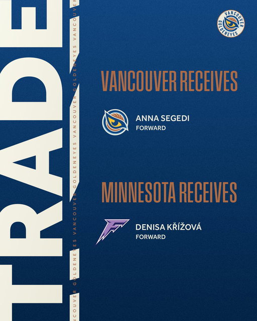 TRADE ALERT 🚨

The Vancouver Goldeneyes have completed a trade with the Minnesota Frost, with Vancouver acquiring forward Anna Segedi from Minnesota in exchange for forward Denisa Křížová.

📰 https://bit.ly/4i7eafk 