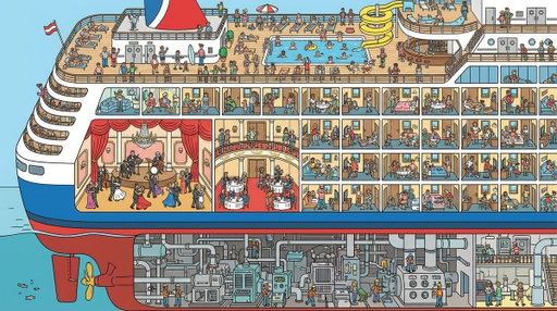 A cutaway illustration of a cruise ship. We see the engine room, the ballroom, the pool deck, the cabins. Tiny people doing different things in each room. 'Where's Waldo' level of detail. Vector art style. 