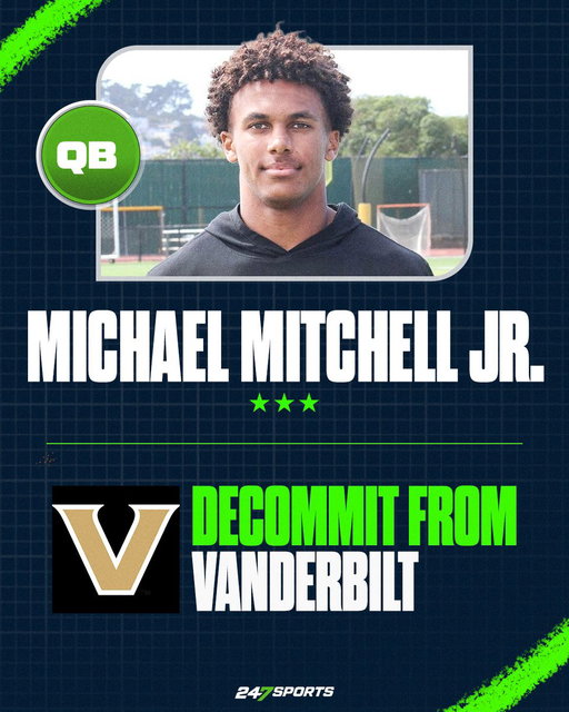 San Francisco (Calif.) Archbishop Riordan quarterback Michael Mitchell Jr. has decommitted from Vanderbilt. Mitchell committed to the Commodores last September but backed away from Vandy. Meanwhile, several schools have already been in contact. https://t.co/gvGu3vaVtL 