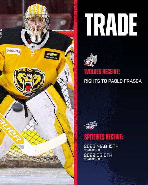 The Sudbury Wolves have acquired the rights to goaltender Paolo Frasca from the Windsor Spitfires.

Welcome to Wolves Nation, Paolo! 