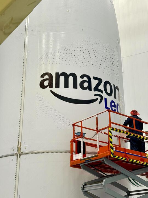 Earlier today: Our new @AmazonLeo logo going up on a @ULAlaunch Atlas V rocket fairing for the first time. Very cool up-close look as teams prep for our seventh launch of the year! 