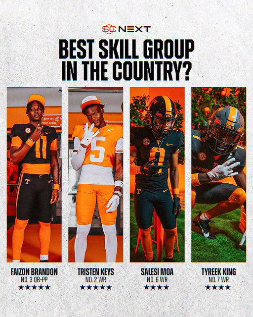 Is anyone in the country bringing in a more explosive skill group than Tennessee? 🍊

5 ⭐️ QB @faizon_brandon 
No. 2 WR @Tkgot5 
No. 6 WR @salesimoa8 
No. 7 WR @Tyreekking15 

Deep and talented unit headed to Rocky Top. 

https://t.co/CsQdByzQOO 