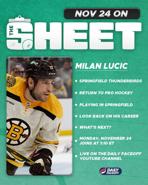 Tomorrow on The Sheet...

Milan Lucic joins @JeffMarek  to discuss his return to professional hockey, playing in Springfield, a look back on his career, and much more

⏰ 1:10 ET - Milan Lucic
📺 Watch on the @DailyFaceoff YouTube Channel