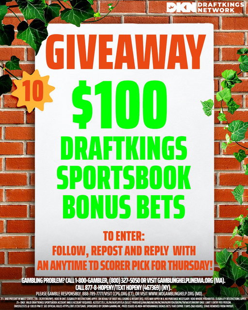 GIVEAWAY!!! 🦃🦃🦃

TEN $100 @DKSportsbook bonus bets are up for grabs 👀

TO ENTER: 
1) Follow @DKNetwork 
2) Repost this post 
3) Reply with an Anytime TD Scorer pick for Thursday's Thanksgiving NFL slate!  

Ends 11/27 1 pm ET. T&amp;C: https://t.co/hPN35OoT5K 