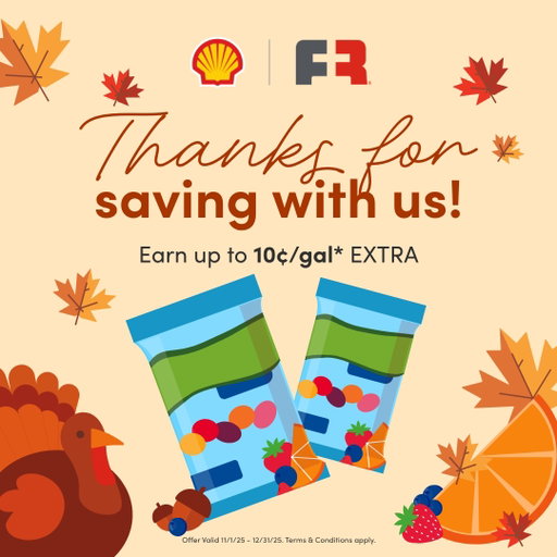We’re thankful for you this November! 🍂 Stop in during your holiday travels to stock up on select snacks and drinks to earn up to 10¢/gal* in extra Fuel Rewards® savings. View Offers: https://twitter.com/safety/unsafe_link_warning?unsafe_link=https://go.shell.com/4pzd8LU 