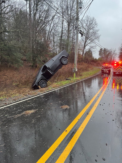 A friend sent this from an accident this morning in the mountains of NC.  A cybertruck must have hydroplaned off the road onto the support wire for a telephone pole. Obviously noone was hurt, but that cable is stronger than I thought. 