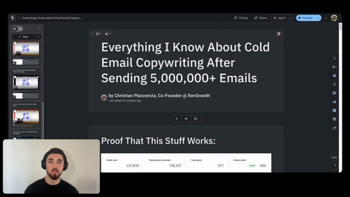 This masterclass document covers everything I know about cold email copywriting after sending 5,000,000+ emails over the last 3 years.

In it contains 175 minutes of content across unique 9 trainings:

> Fundamentals of Excellent Cold Email Copywriting
> Understanding The Psychology of Cold Email
> Our Top Cold Email Script Frameworks
> Cold Email Script Writing Checklist
> Understanding Personalized Relevance (Messaging Concept Training)
> How to Clear Email Scripts from Spam Words
> How to Write Cold Email Script Messaging with AI
> How to Write Follow-up Emails with AI
> Live AI Cold Email Script Writing Walkthrough

Want access to the doc?

👉 Like + Comment “Cold” and I’ll DM you the document link.

(Must be following to receive DM)