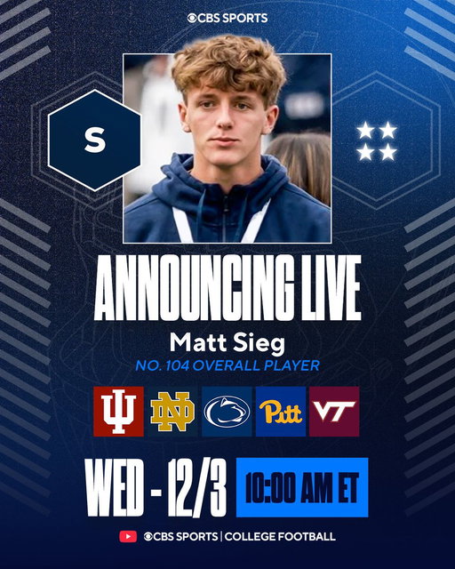 Top247 safety Matt Sieg, one of the most talented two-way players in the 2026 class, will announce his commitment LIVE on @CBSSportsCFB on Dec. 3, Signing Day.

The Finalists: 
Penn State
Pittsburgh
Notre Dame
Virginia Tech
Indiana

VIP Story https://t.co/8KH72dCICr

@247Sports 