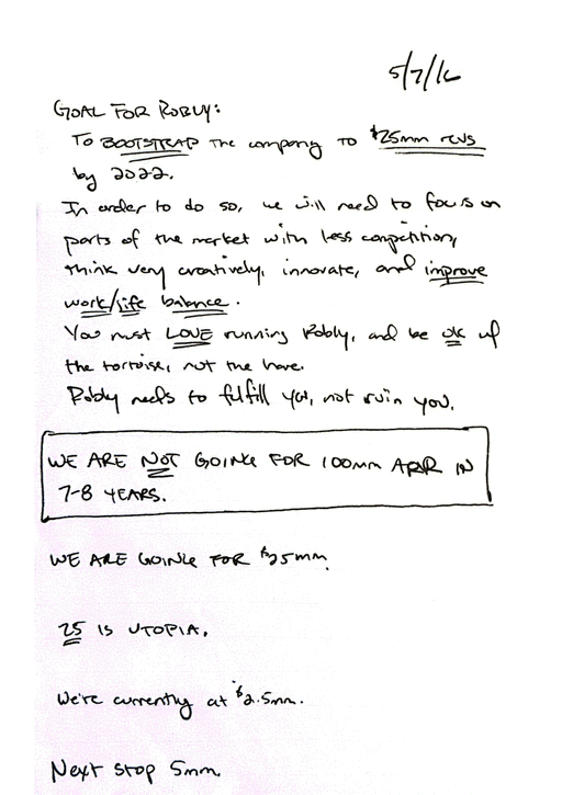 I found a letter I wrote to myself in May 2016. 9 years later, it breaks my heart to read it.

I wrote down exactly what I wanted: $25M ARR, lean team, freedom, and the lie I couldn’t afford while stuck at $2.5M.

August 2025 is when I hit it. Everything came true.

But it took 4 years of hopelessness after writing that letter for something to finally work. 

Not in 2017 after the first failed swing. 
Not in 2018 after the second. 
Not even in early 2019. 

November 2019 is when I started GetEmails(.)com, now known as Retention(.)com. That was the thing that finally worked.

The version of me who lived through those years had no idea he’d make it. 

If you're stuck right now, you might be on day 450 with no idea if you have 1 year left or 6. 

That uncertainty makes it 10x harder. 

But the guy who wrote that letter in 2016 had no idea November 2019 was coming. 

He just kept going.