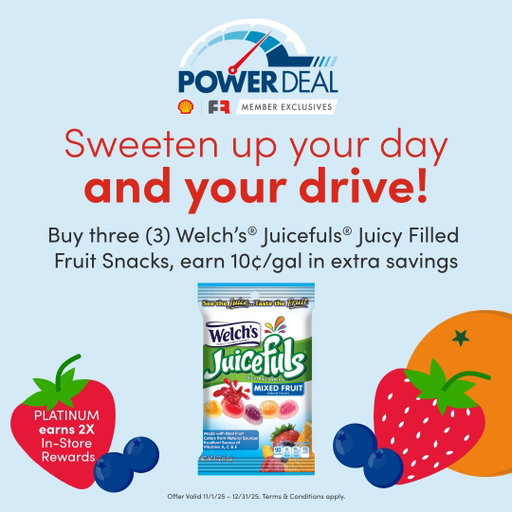 These snacks are bursting with savings! 🍇🍓🍊 Buy three (3) Welch’s® Juicefuls® Juicy Filled Fruit Snacks at a participating Shell station to earn 10¢/gal in extra fuel savings. Terms apply. Details here: https://twitter.com/safety/unsafe_link_warning?unsafe_link=https://go.shell.com/3M7yVM1 