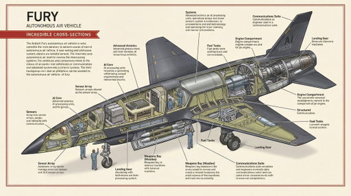 Prompt: Make an “incredible cross section” of an Anduril Fury drone. 