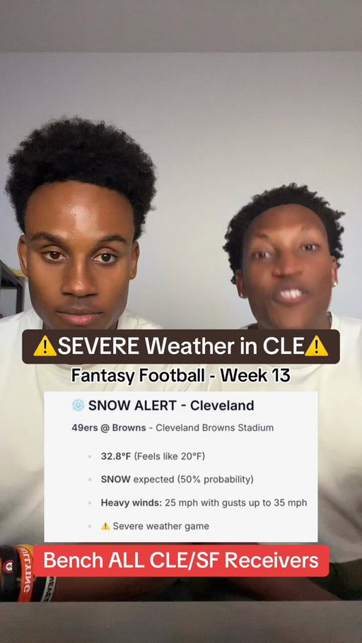 We’ve got terrible weather in Cleveland, Brock Purdy might not make it out of there. All jokes aside, this will be a run-heavy game, so fire up Judkins and CMC, bench Ricky Pearsall, Jauan Jennings, David Njoku, Harold Fannin, Jerry Jeudy and maybe George Kittle. #cmc 