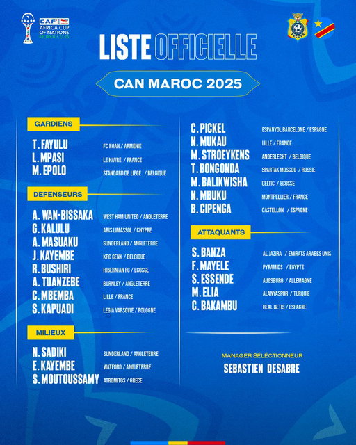 📋 𝐋𝐈𝐒𝐓𝐄 𝐎𝐅𝐅𝐈𝐂𝐈𝐄𝐋𝐋𝐄 

​🌟 ​26 Léopards 🐆 sélectionnés par le sélectionneur-manager Sébastien Desabre 🇨🇩 pour la phase finale de la Coupe d'Afrique des Nations, Maroc 2025 🇲🇦.

#FecofaRDC #AllezLesLéopards #TotalEnergiesAfcon2025 #CAN2025 
