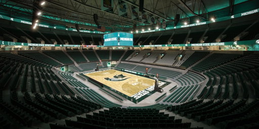The conceptual image displays new premium options such as an exclusive club and courtside suites at the Breslin Center, providing an elevated experience for fans at Spartan basketball, volleyball and gymnastics events. A new LED fascia is shown in the upper deck. 