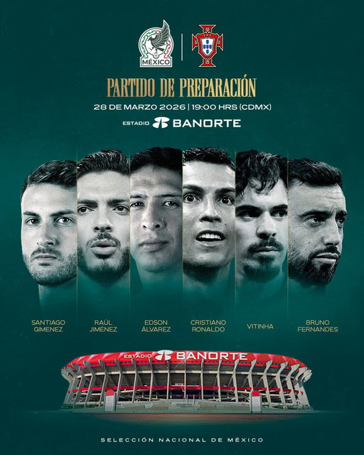 ¡De élite!🌎

Nos mediremos a un Campeón de Europa 🇲🇽🆚🇵🇹 en juego de preparación de cara al Mundial 2026 🏆.

Incondicionales, tenemos una cita en el @EstadioBanorte.  🏟

#SomosMéxico💚🤍❤️

*Publicidad para México 