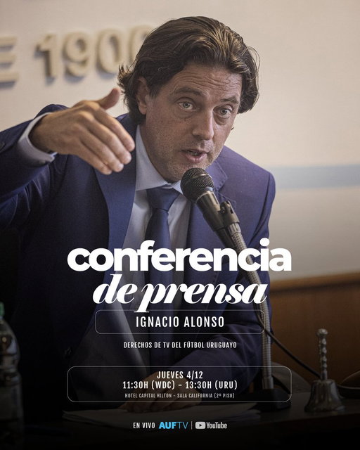 El presidente de la AUF, Ec. Ignacio Alonso, brindará una importante conferencia de prensa en Washington D. C. para hablar sobre los Derechos de TV del Fútbol Uruguayo. 

🗓️ 4/12/25
🕚 11:30h (WDC) - 13:30h (URU)
📺 https://t.co/tDctchdaBa y YouTube 