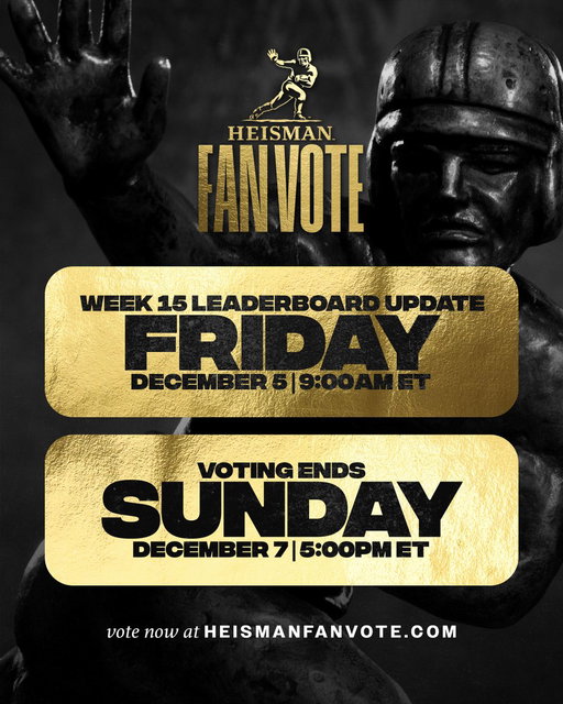 There's a few more days left to participate in the Heisman Fan Vote, which counts as an OFFICIAL collective ballot in the 2025 Heisman Trophy vote!🏆 

Make sure to vote at https://t.co/4XZXRZuvWA or by creating a post on socials with the following⬇️

“@HeismanTrophy I want to vote for #PlayerName”

Fans may vote once per day on the website and once per day per social platform.

#Heisman | #MoreThanATrophy