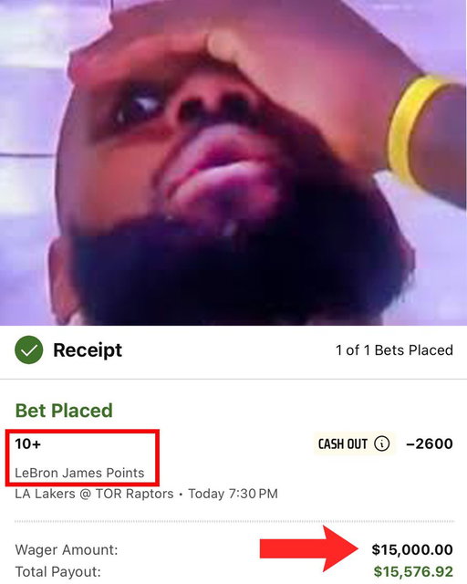 This bettor tried to win $576.92 on a $15K bet for LeBron to score 10+ points and lost 😳 

(via @DKSportsbook, @BryceLottos) 