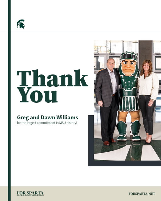 A next-level commitment to our student-athletes, athletics department, and university. Thank you, Greg and Dawn Williams! 

MSU announces historic $401 million commitment from Greg and Dawn Williams.
 
https://t.co/iCpb40LOSH 