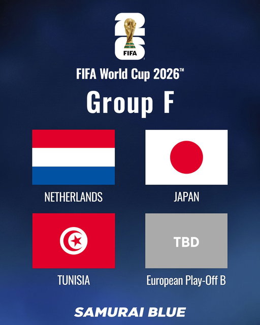 🌎𝗙𝗜𝗙𝗔 𝗪𝗼𝗿𝗹𝗱 𝗖𝘂𝗽 𝟮𝟬𝟮𝟲™️⚽🏆

🔹𝗚𝗿𝗼𝘂𝗽 𝗙🔹
🇳🇱オランダ
🇯🇵日本
🇹🇳チュニジア
欧州プレーオフB

@FIFAWorldCup #FIFAWorldCup #WeAre26 
#最高の景色を #SAMURAIBLUE 
#jfa #daihyo #サッカー日本代表 