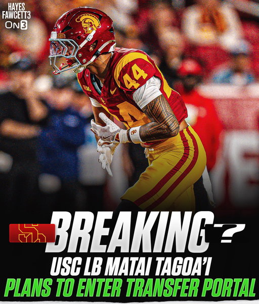 BREAKING: USC True Freshman LB Matai Tagoa’i plans to enter the @TransferPortal, he tells @on3

The 6’4 210 LB will have 3 years of eligibility remaining 

Was ranked as the No. 6 LB in the 2025 Class

https://t.co/RlUbB6EMhS 