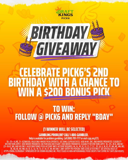 2ND BIRTHDAY GIVEAWAY 🎁

To celebrate, we are giving out a $200 Bonus Pick present.

Follow @Pick6 and reply “BDAY” 