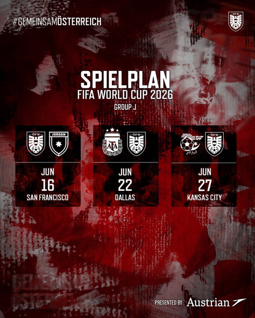 Unser Spielplan beim @FIFAWorldCup: 

🇦🇹🇯🇴 | 16. Juni 00.00 (17. Juni um 06.00 Uhr MEZ)
🇦🇷🇦🇹 | 22. Juni 13.00 Uhr (22. Juni um 19.00 Uhr MEZ)
🇩🇿🇦🇹 | 27. Juni 22.00 Uhr (28. Juni um 04.00 Uhr MEZ). 

Infos unter: https://t.co/D9la76hB8R

🤩🙌🏻 #GemeinsamÖSTERREICH #FIFAWorldCup 