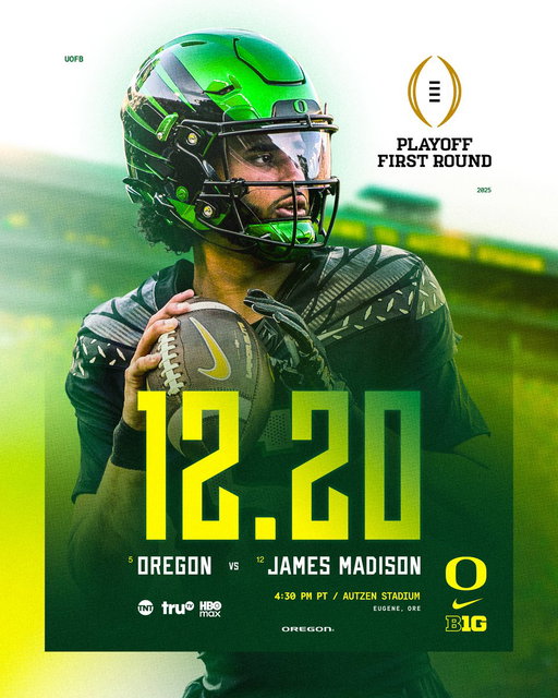 Let’s make some history. 

The first @CFBPlayoff game in Autzen Stadium will feature the first meeting between Oregon and James Madison. 

#GoDucks 