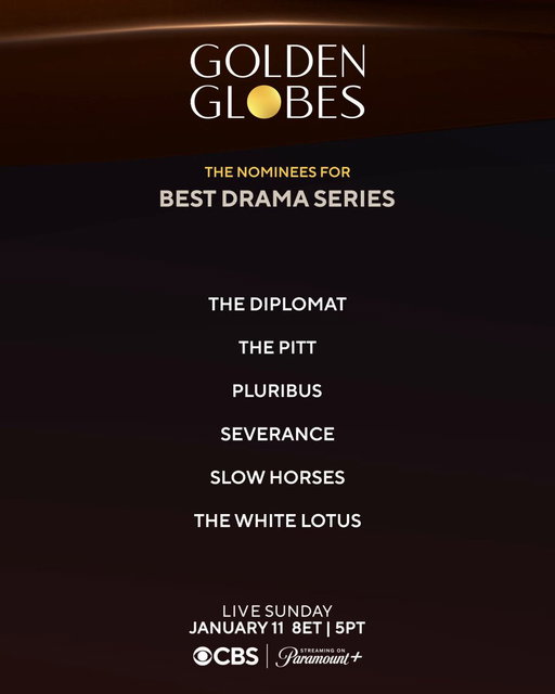 Congratulations to the 83rd #GoldenGlobes nominees for Best Drama Series:

✨ THE DIPLOMAT | NETFLIX
✨ THE PITT | HBO MAX
✨ PLURIBUS | APPLE TV
✨ SEVERANCE | APPLE TV
✨ SLOW HORSES | APPLE TV
✨ THE WHITE LOTUS | HBO MAX 