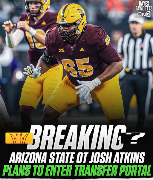 BREAKING: Arizona State starting OT Josh Atkins plans to enter the @TransferPortal, he tells @on3  The 6’4 315 OT has made 39 consecutive starts at LT &amp; was named a 2025 Team Captain   He’ll have 1 year of eligibility remaining 

https://t.co/RlUbB6Fk7q 