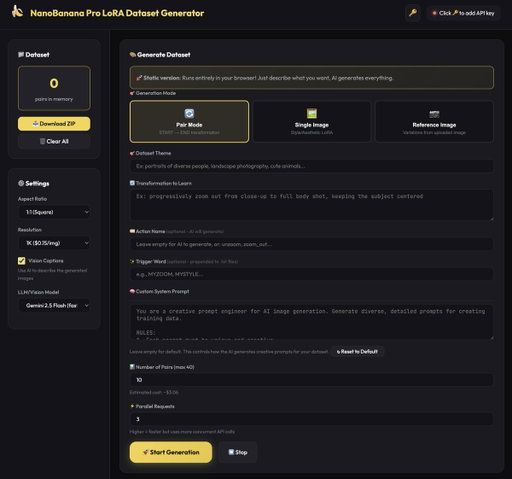 Update to NanoBanana Pro LoRA Dataset Generator!

added 3 new modes:
🖼️ Single Image - Style/aesthetic LoRAs without before/after
📷 Reference Image - Upload a character/product, get variations
🧠 Custom System Prompt - Full control over AI prompt generation

Still 100% browser-based with @fal API ⚡

Perfect for:Z-Image style LoRAs
Character consistency training
Product variation datasets
Any custom aesthetic

🔗 Try it: https://t.co/6ZqotEYhQz
💻 Code: https://t.co/Ko9Zn19eUD