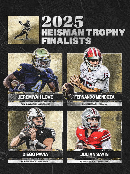 Congratulations to the 2025 Heisman Trophy finalists: @NDFootball RB Jeremiyah Love, @IndianaFootball QB Fernando Mendoza, @VandyFootball QB Diego Pavia, and @OhioStateFB QB Julian Sayin!

#Heisman | #MoreThanATrophy 